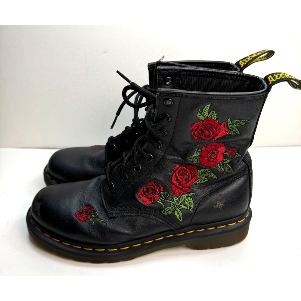Dr Martens 1460 W Vonda Boots Women’s Size 9 Black Roses Floral Embroidered